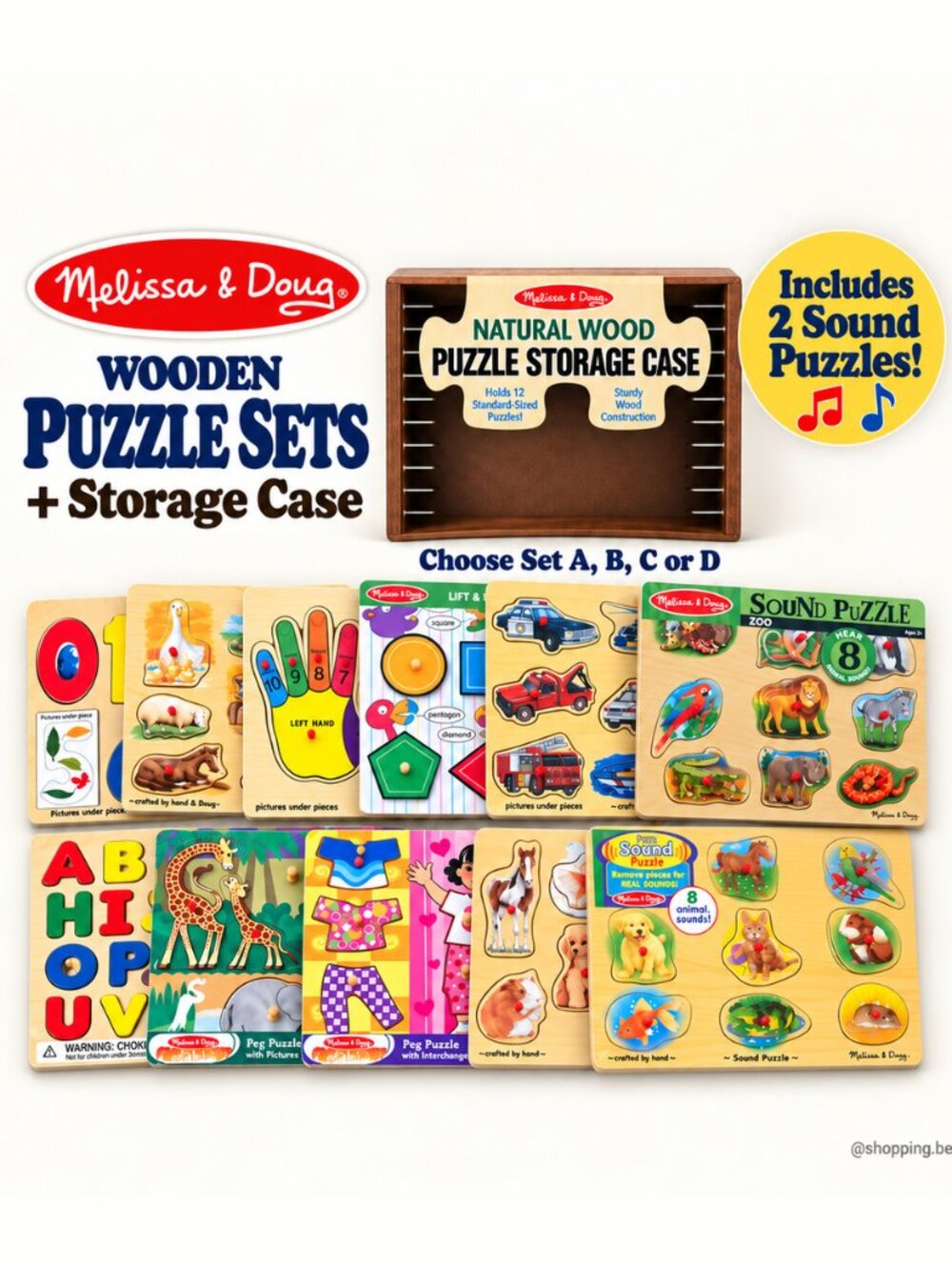 Melissa & Doug 6 Wooden Puzzles + Storage Case 2 Sound Puzzles NEW